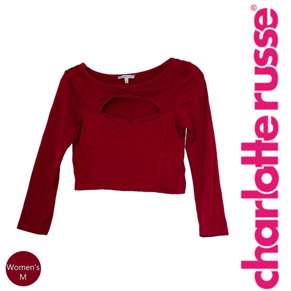 Charlotte Russe Long Sleeve Cut-Out Crop Top Red M
